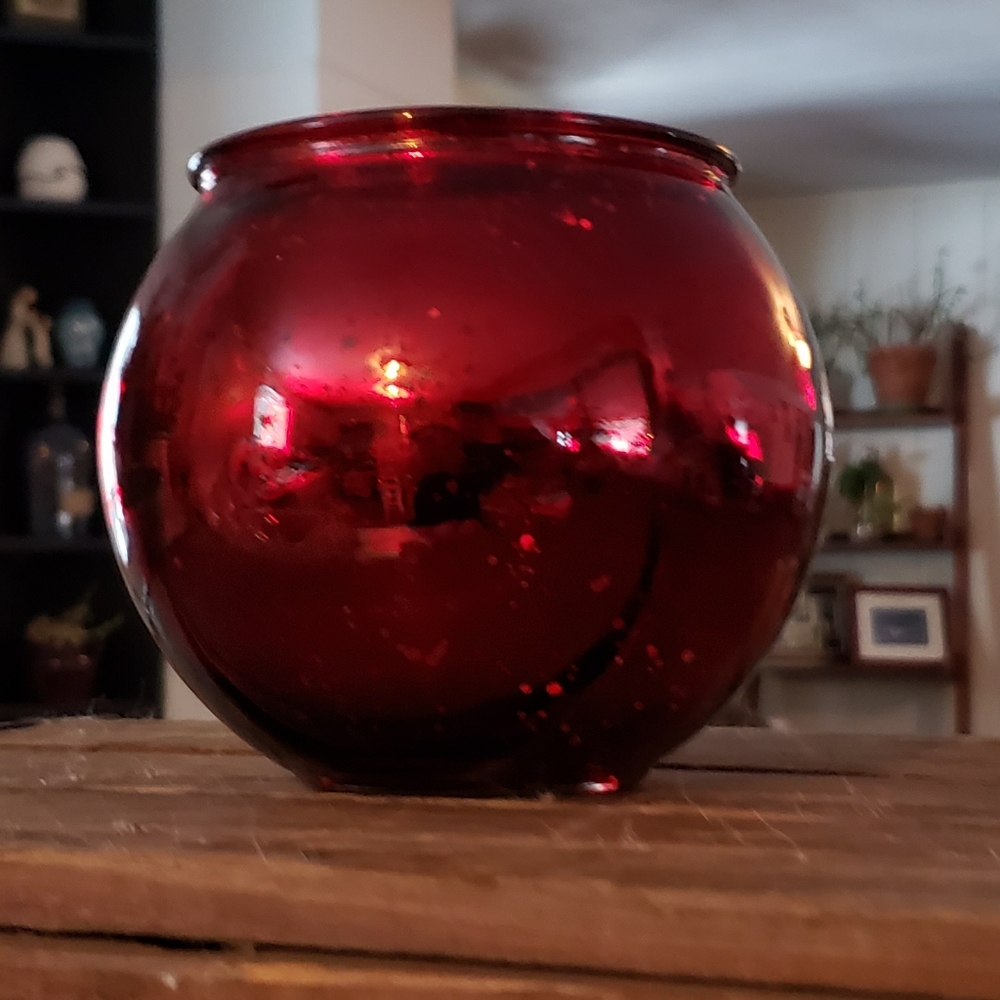 Retro Red Mercury Glass Short Vase/Candle Holder/Candy Bowl